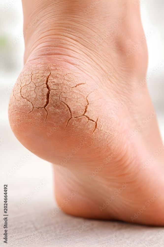 Fototapeta premium Dry Cracked Heel Skin Close Up Foot Care and Dermatology Health Problem Concept. 