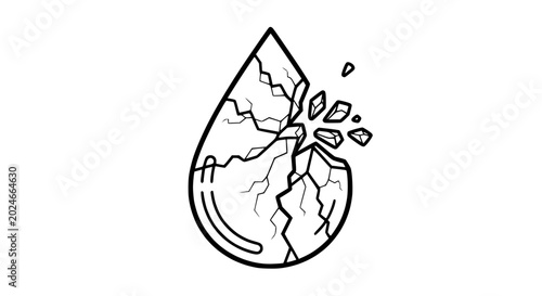 Tableau sur toile Cracked water drop icon symbolizing fragility and brokenness, black and white ou