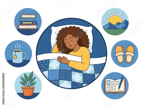 Konstfotografi This calming image showcases a cozy bedroom setup with elements promoting relaxation, such as books, a cup of tea, and a peaceful ambiance for restful sleep