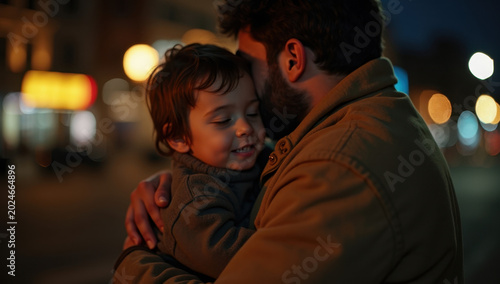 Emotional nighttime family photography, father comforting sleepy child outdoors under warm city lights, cinematic urban atmosphere, realistic emotional storytelling, premium editorial commercial aesth