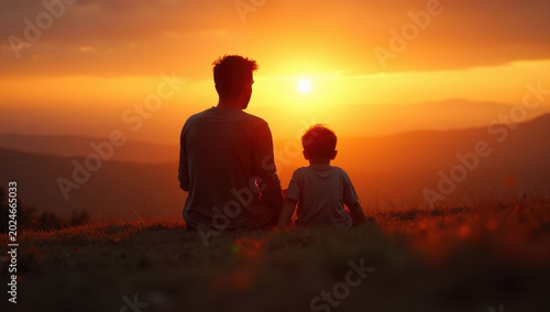 Heartwarming father and child sitting together watching sunset from hilltop, emotional silhouette atmosphere, cinematic golden light, realistic natural landscape, premium editorial lifestyle photograp