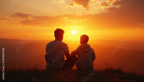 Heartwarming father and child sitting together watching sunset from hilltop, emotional silhouette atmosphere, cinematic golden light, realistic natural landscape, premium editorial lifestyle photograp