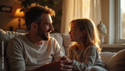 Heartwarming father and daughter conversation at home, realistic emotional interaction, cozy living room atmosphere, soft ambient lighting, candid storytelling moment, premium lifestyle editorial phot