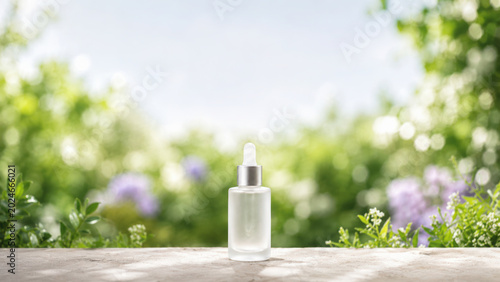 Minimalist luxury skincare product display on stone surface with glass dropper bottle glowing in soft sunlight and dreamy garden background bokeh
