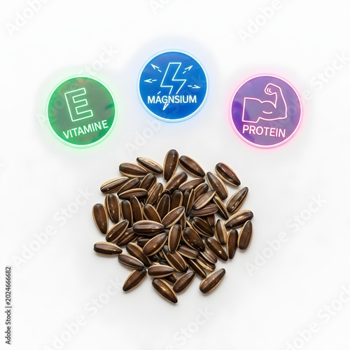 Raw chia seeds spilling with vitamin E, magnesium, and protein icons for health and nutrition concept