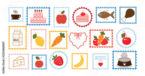 Photos Vintage postage stamp set with colorful fruit and grocery items illustration set