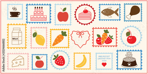 Slika na platnu Vintage postage stamp collection with colorful fruit  illustration set