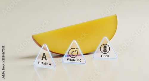 Sliced banana with vitamin A, C, and fiber labels on white background for nutrition and health concept
