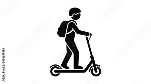 Person riding electric scooter with backpack black silhouette