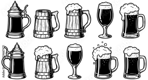 Obraz na plátne Detailed collection of vintage beer mugs and glasses featuring artistic hand dra