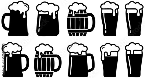 Φωτογραφία Collection of black and white beer mugs and glasses featuring frothy foam for pu