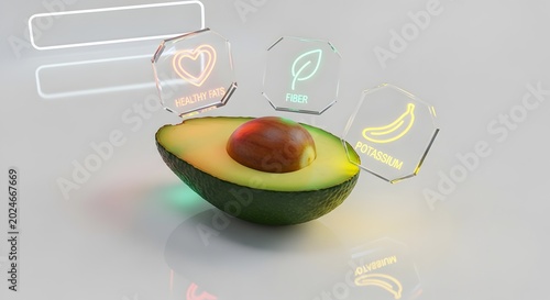 Fresh halved avocado with seed glowing neon light creative food photography minimalist background