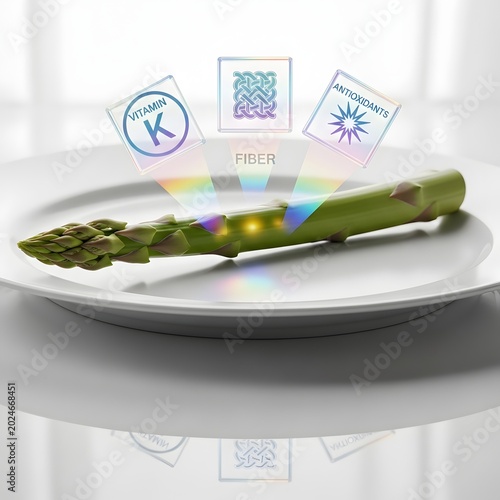 Fresh asparagus on white plate with fiber, vitamins, and antioxidants icons for healthy diet nutrition concept
