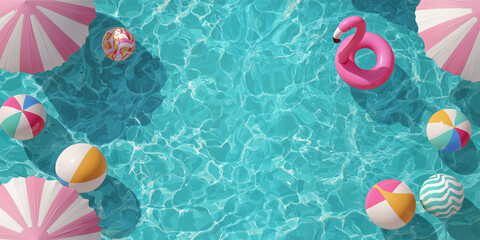 Top view of a swimming pool with copy space, pink pastel inflatable floatings balloons and flamingo buoy, summer background