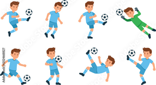 Bild auf Leinwand Cartoon Soccer Player Action Set with Kicking, Heading, Dribbling, Bicycle Kick,