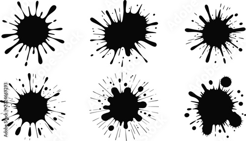 Photos Ink Splatter, Black Inkblots, Vector Splat Set, 6 Blotches, Abstract Art Element