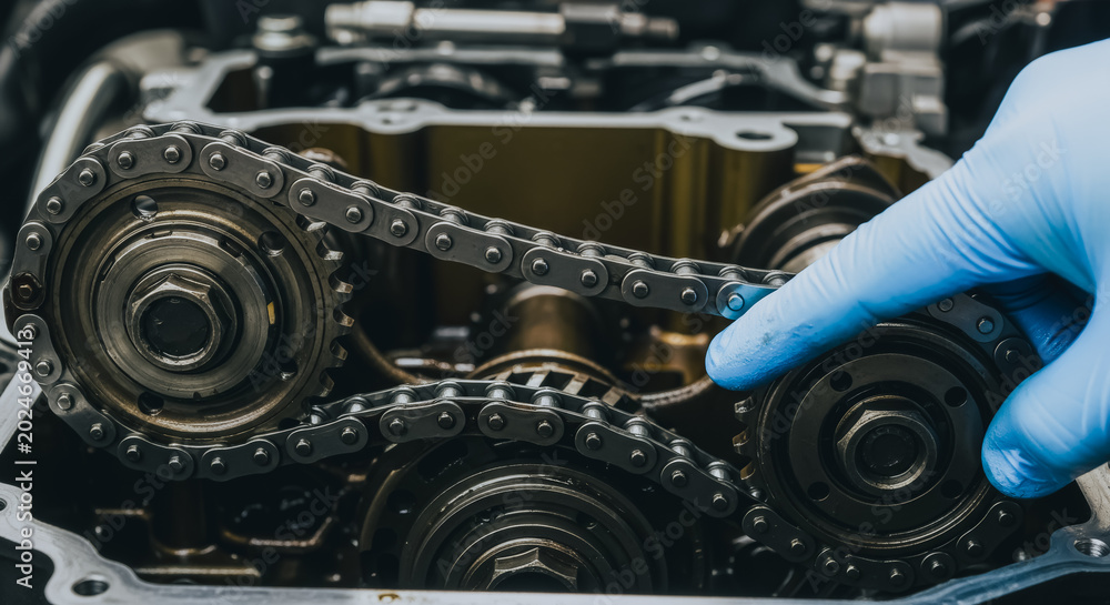 Fototapeta premium Timing chain and camshaft gears in a car engine being repaired by a mechanic