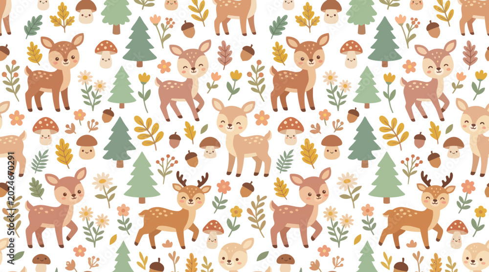 Naklejka premium Cute Woodland Forest Deer Fawns, Pine Trees Mushrooms Kids Seamless Pattern in Flat Vector Illustration Style