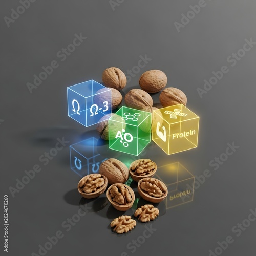 3D walnuts and protein cubes with omega and math symbols on dark gradient background for health and science concepts