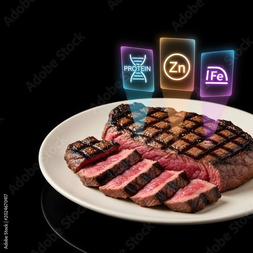 Grilled steak slices with protein zinc iron icons on dark background high protein meal healthy diet nutrition concept