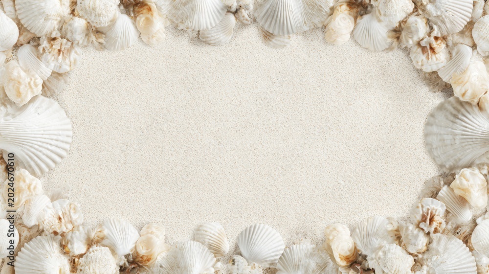 Obraz premium Elegant frame made of seashells and soft sand textures surrounding empty center space, bright coastal light, luxury beach aesthetic, ultra detailed