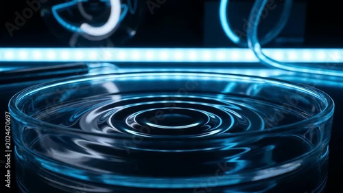 Macro shot of a liquid droplet falling into a glass petri dish with futuristic blue laboratory lighting. Scientific research, biotechnology and pharmaceutical innovation concept.