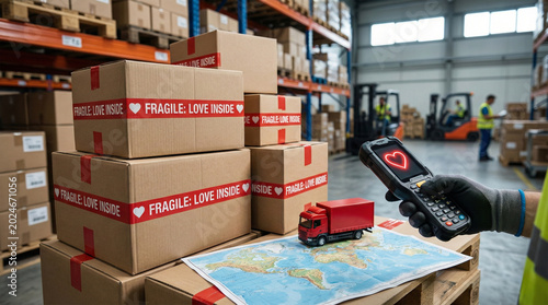 Warehouse worker scanning fragile boxes with love inside labels, logistics company or delivery service branding