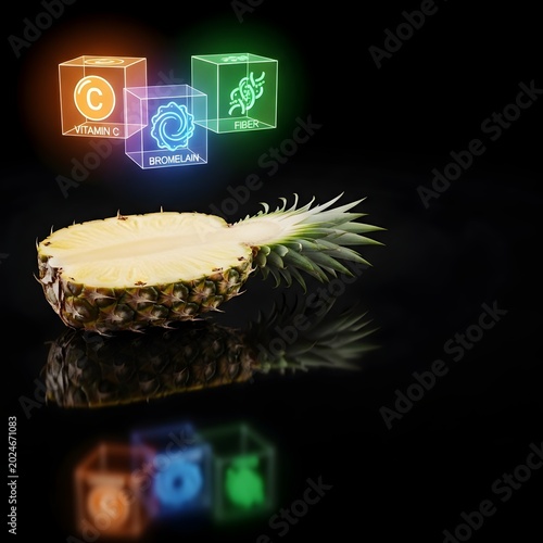Pineapple with glowing vitamin C, spirulina and probiotic cubes, healthy nutrition concept with fruit on black background
