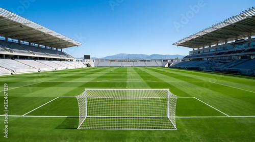 Empty soccer stadium with green grass pitch and goal post