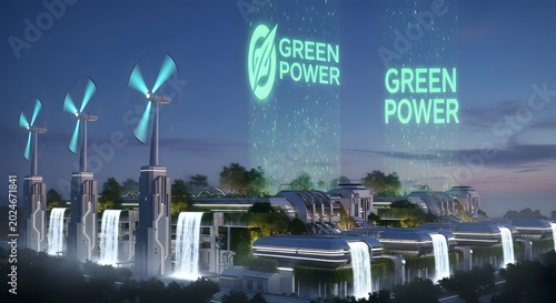 Futuristic wind turbines and green power cityscape with glowing neon lights and sustainable energy concept at dusk