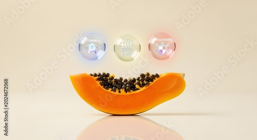 Sliced papaya with multicolored vitamin capsules and health supplement pills on white background