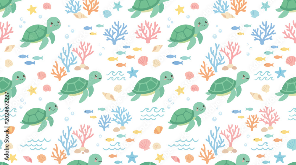 Fototapeta premium Cute Cartoon Sea Turtle Pattern, Underwater Marine Life Background, Flat Style