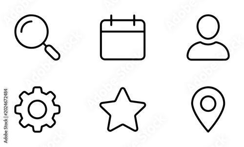 Minimalist Line Icons Set: Search, Calendar, User, Gear, Star, Location Pins for Web and App Design