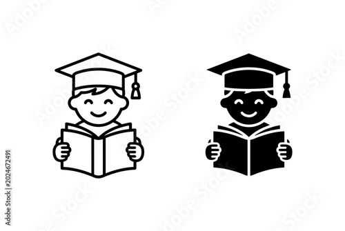 Graduation Cap Student Reading Book Icon Set, Education Learning Symbol, Academic Knowledge Graduate Vector