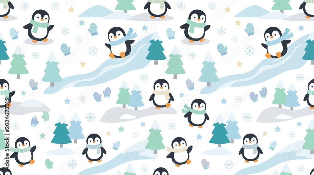 Obraz premium Cute Penguin Winter Pattern - Flat Vector Illustration for Kids