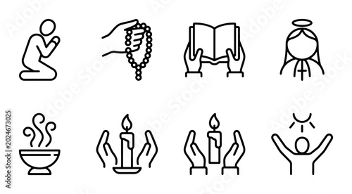 Konstfotografi Religious Icons Set: Prayer, Rosary, Holy Book, Angel, Incense, Candles, Worship