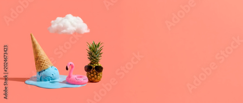 Melting blue ice cream cone look like pool with pink flamingo floatie near pineapple in sunglasses under cloud, hot summer vacation concept