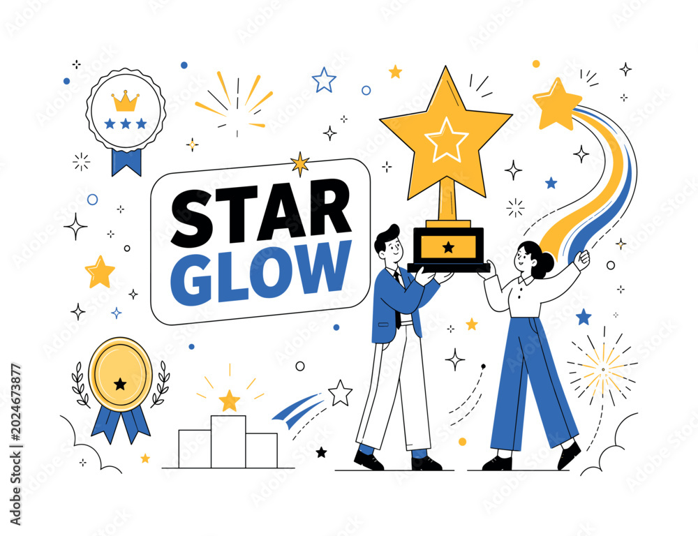 Naklejka premium Star Shine Awards. Clean editorial banner scene about sparkle, glow, awards, and magical shine with two geometric characters holding an oversized star trophy and shooting star ribbon, burst shapes,