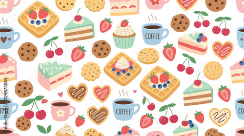 Flat Vector Seamless Pattern of Sweet Breakfast  Dessert Food: Waffles, Cakes, Cookies, Coffee, Strawberries
