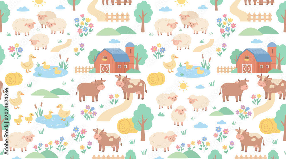 Obraz premium Cute Farm Animals Seamless Pattern Vector - Sheep, Cows, Ducks, Barns, Nature Art
