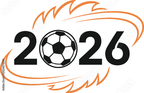 2026 soccer year logo design with a classic black and white football ball and orange motion speed lines for upcoming international sports tournament championship event