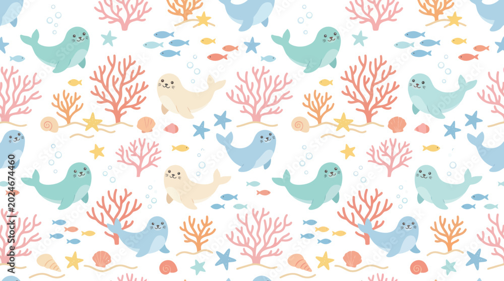 Obraz premium Cute Seamless Pattern with Cartoon Seals, Corals, and Fish, Flat Style