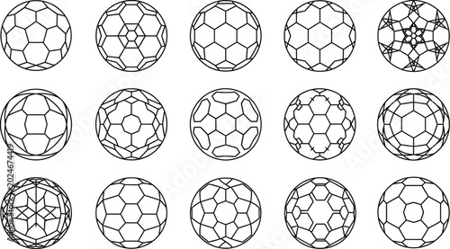 Set of black and white geometric sphere shapes and abstract wireframe round icons for modern design projects