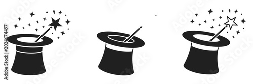 Cuadro en lienzo Magician Hat With Stars Icon Collection, Magic Wand And Circus Style Elements, Clean Flat And Outline Vector Symbols For Fantasy Show And Entertainment Graphics