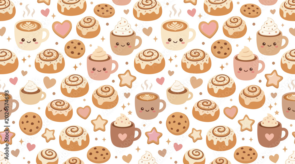 Fototapeta premium Cute Cartoon Bakery Food Seamless Pattern with Kawaii Coffee, Hot Chocolate Mugs, Cinnamon Rolls Cookies