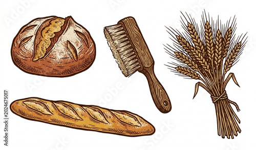 Fotografie Rustic Hand Drawn Sourdough Bread and Artisanal Bakery Vector Collection