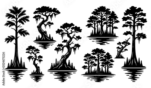 Fotografi Stylized Cypress Tree Silhouette Vector Pack with Swamp Forest Reflections and D