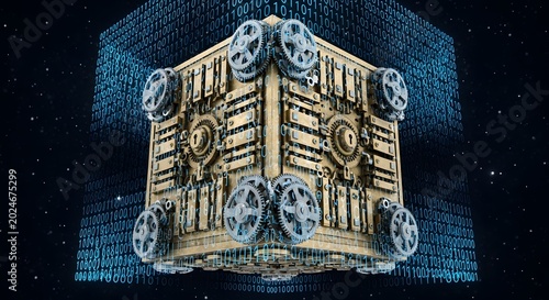 3D golden secure blockchain vault with digital gears and binary code background futuristic technology concept
