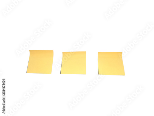 Three blank yellow sticky notes row isolated on transparent background

