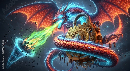 Fantasy dragon with glowing green fire breath attacking ancient treasure chest in mystical dark cave with magical energy swirls